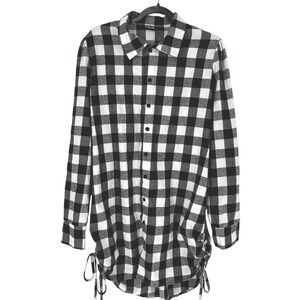 Black White Buffalo Check Plaid Womens Tunic Top XL Ruched Sides Cozy Cabincore